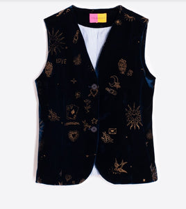 Vilagallo Navy Velvet Flocked Glitter Waistcoat