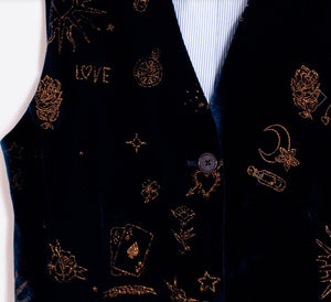 Vilagallo Navy Velvet Flocked Glitter Waistcoat